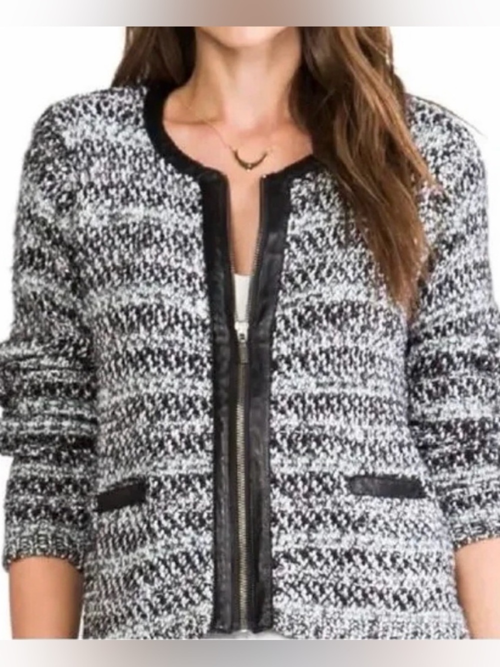 Joie Jacolyn Grey & Black Knit Zipper Front Cardigan Jacket Sz M